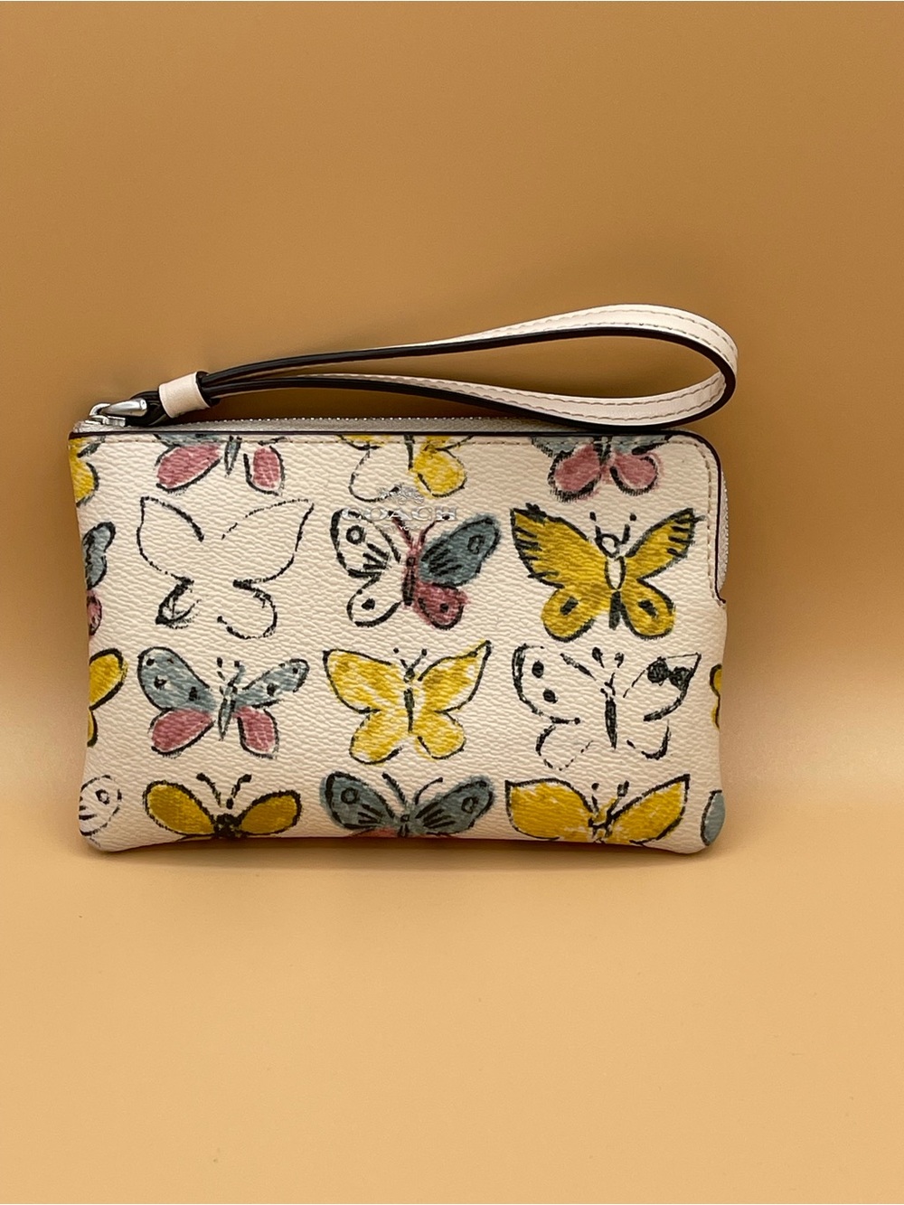 Coach Cream Butterfly Print Wristlet with Yellow, Pink & Blue Accents